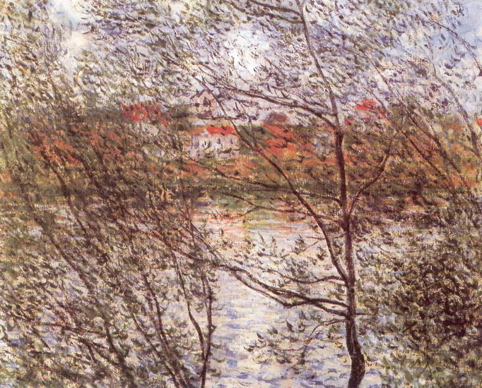 Моне (Monet) Клод: Берег Сены. Весна сквозь ветви деревьев