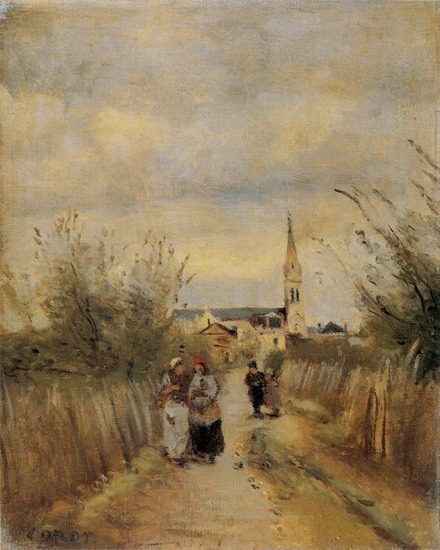 Коро (Corot) Жан Батист Камиль : Колокольня в Аржантее. Дорога к церкви