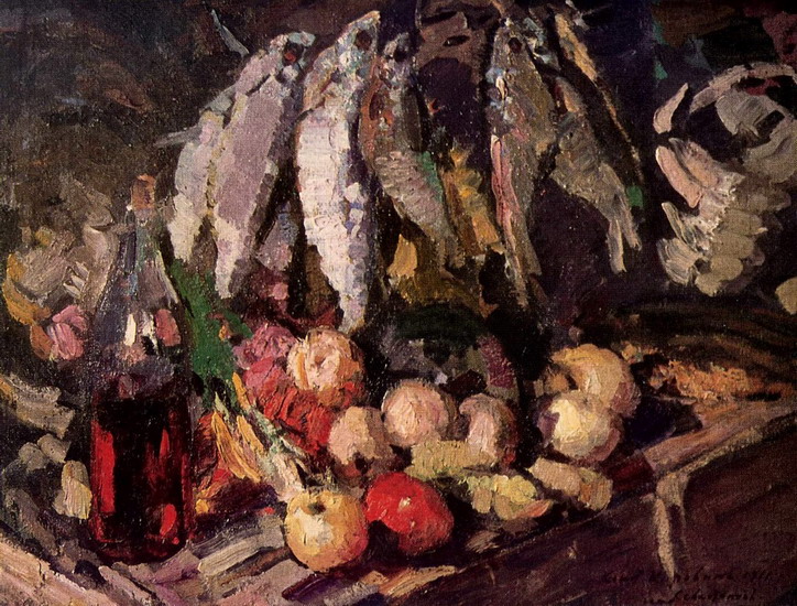 Коровин Константин Алексеевич : Рыбы, вино и фрукты