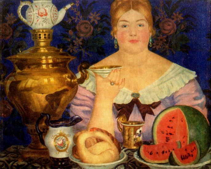 Кустодиев Борис Михайлович: Купчиха, пьющая чай