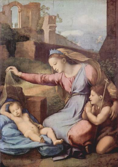 Рафаэль (наст. имя Рафаэлло Санти) (Raffaello Sant: Мария и Иоанн Креститель, поклоняющиеся спящему Христу