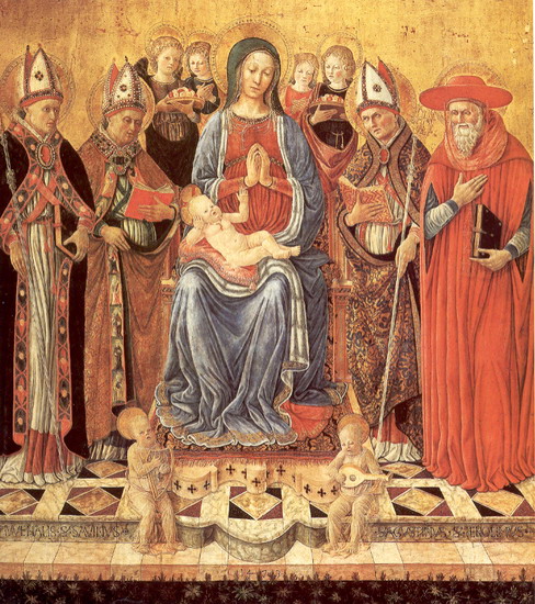 Боккати Джованни: Мария с младенцем на троне в окружении Св. Ювеналия, Сабина, Августина