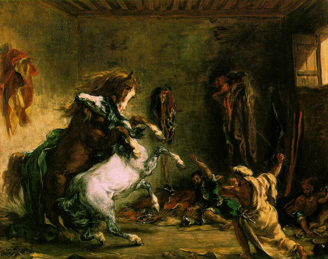Делакруа (Delacroix) Эжен : Борьба арабских жеребцов в конюшне