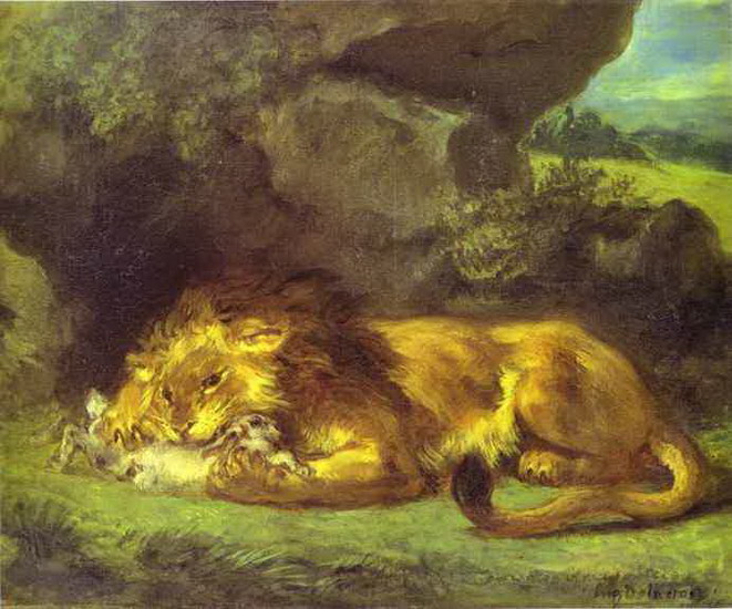 Делакруа (Delacroix) Эжен : Лев, пожирающий зайца