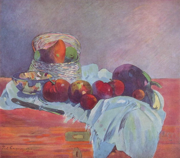 Гоген (Gauguin) Поль : Натюрморт с фруктами, корзиной и ножом