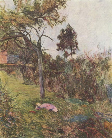 Гоген (Gauguin) Поль : Пейзаж с лежащей женщиной
