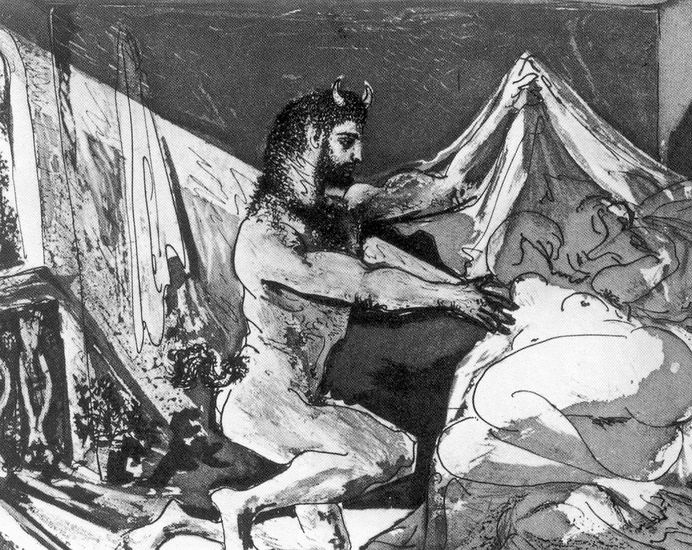Пикассо Пабло: Минотавр, обнажающий женщину. Из цикла гравюр Сюита Воллара