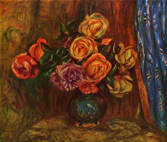 Ренуар Пьер Огюст: Розы на фоне синего занавеса
