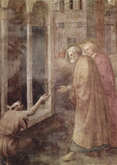 Мазаччо (Masaccio) (наст. имя Томмазо ди Джованни ди Симоне Кассаи, Tomasso di Giovanni di Simone Cassai): Исцеление хромого Петром и Иоанном