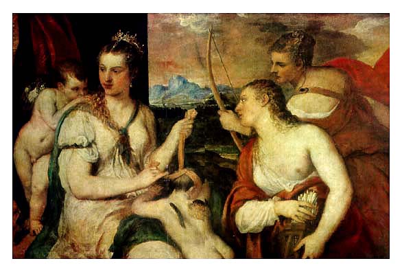 Тициан (Тициано Вечеллио) (Tiziano Vecellio): Венера, завязывающая глаза Амуру