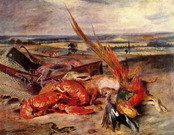 Делакруа (Delacroix) Эжен : Натюрморт с омаром, уловом и охотничьими трофеями