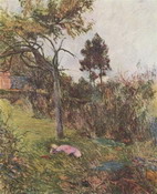 Гоген (Gauguin) Поль : Пейзаж с лежащей женщиной