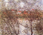 Моне (Monet) Клод: Берег Сены. Весна сквозь ветви деревьев