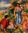 Ренуар Пьер Огюст: Две женщины и девочка на фоне пейзажа
