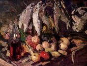 Коровин Константин Алексеевич : Рыбы, вино и фрукты