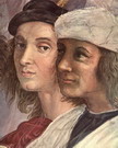 Рафаэль (наст. имя Рафаэлло Санти) (Raffaello Sant: Автопортрет с художником Содомой. Фрагмент фрески Афинская школа